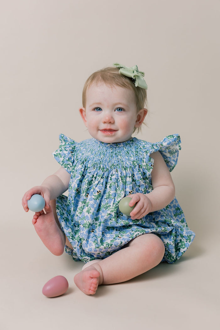 Smocked Floral Bubble Romper- Hydrangea & Bee Print