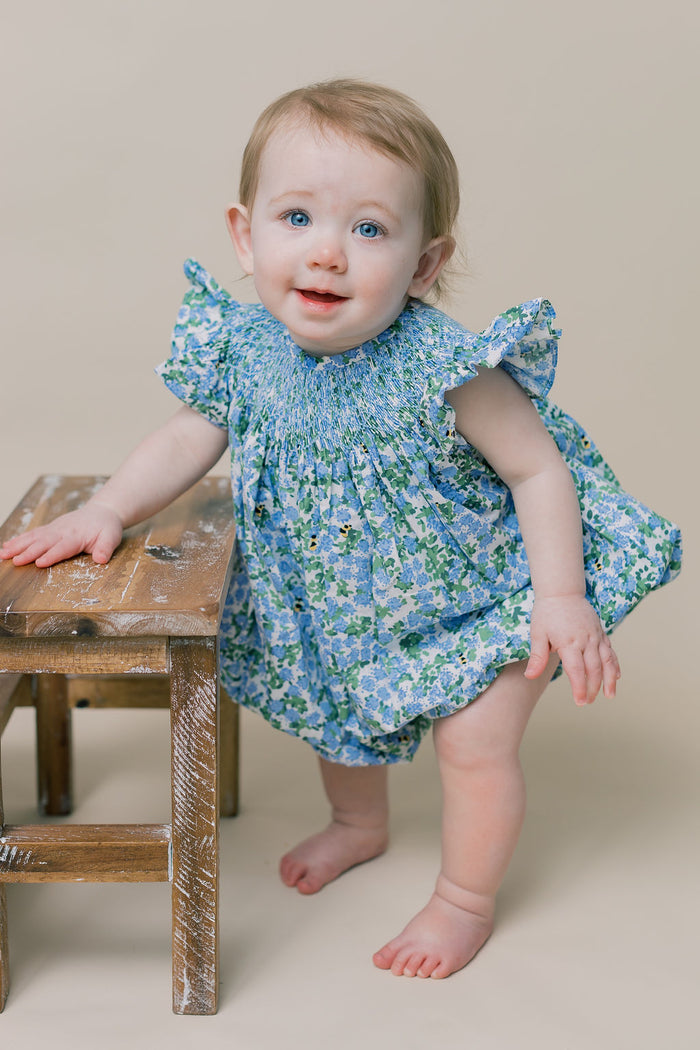 Smocked Floral Bubble Romper- Hydrangea & Bee Print