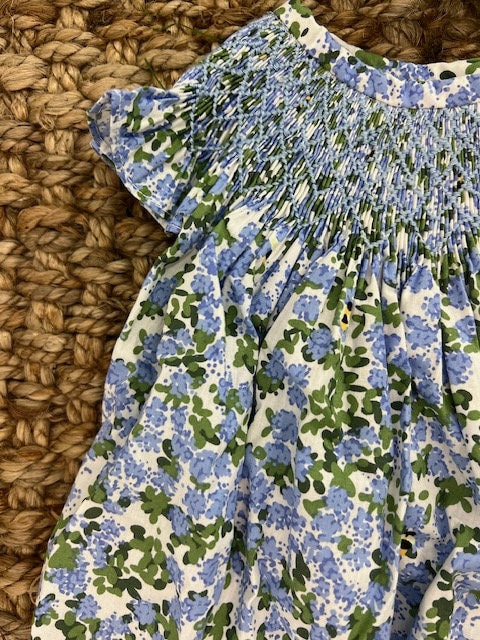 Smocked Floral Bubble Romper- Hydrangea & Bee Print