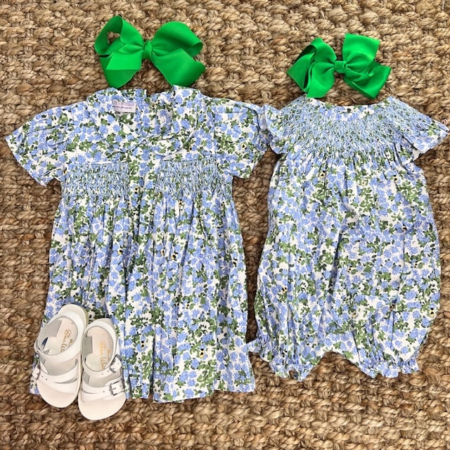 Smocked Floral Bubble Romper- Hydrangea & Bee Print