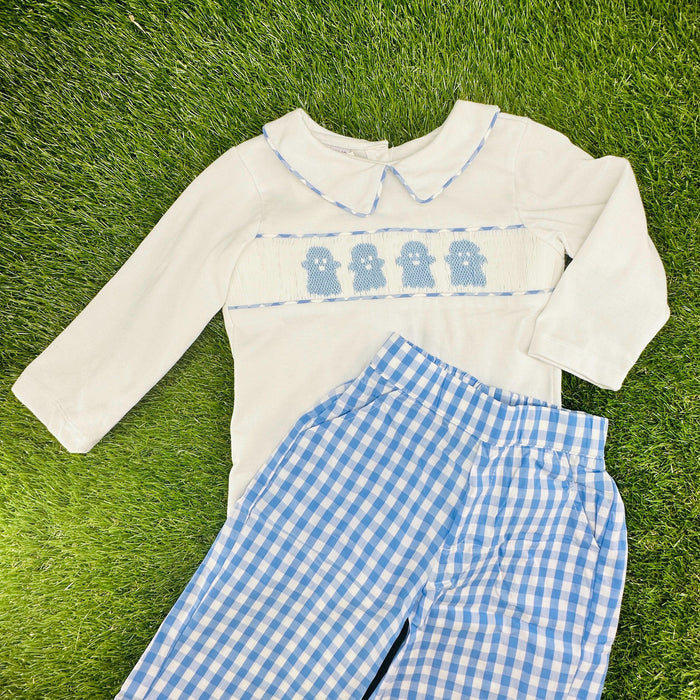 Smocked Halloween Ghost Shirt in White Knit (shirt only)