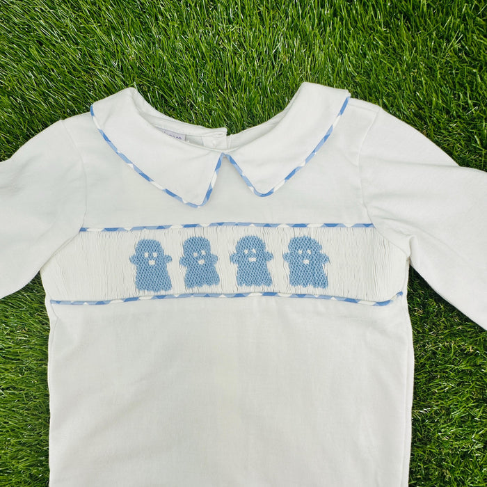 Smocked Halloween Ghost Shirt in White Knit (shirt only)