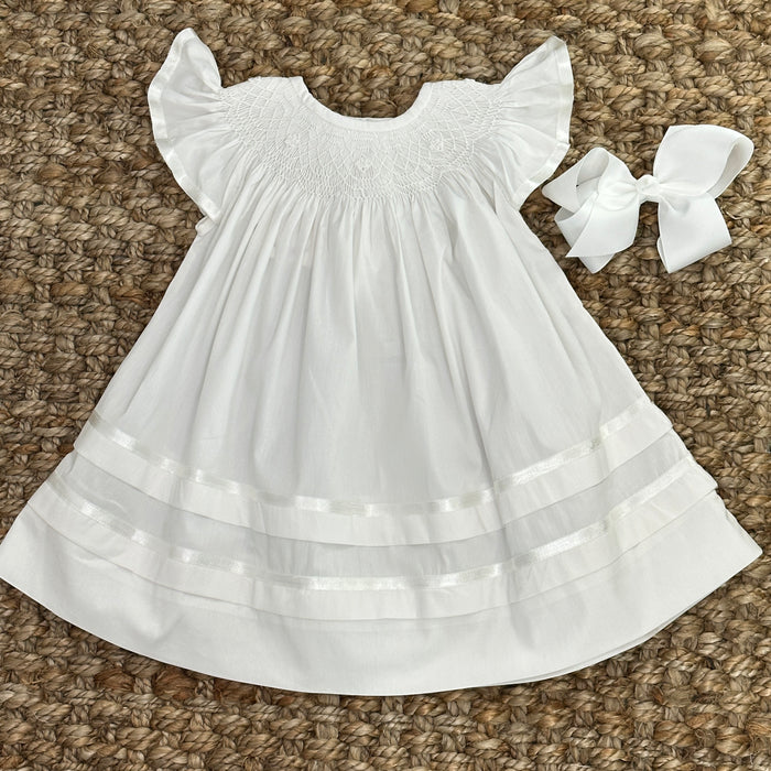 Smocked Heirloom Flutter Sleeve Dress - White with White Smocking