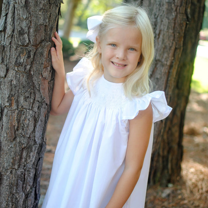 Smocked Heirloom Flutter Sleeve Dress - White with White Smocking
