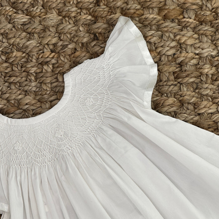 Smocked Heirloom Flutter Sleeve Dress - White with White Smocking