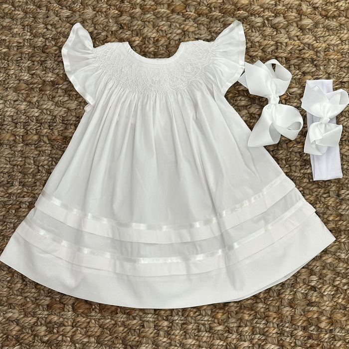 Smocked Heirloom Flutter Sleeve Dress - White with White Smocking