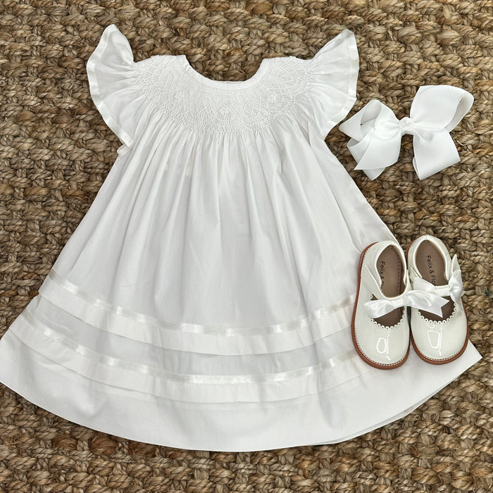 Smocked Heirloom Flutter Sleeve Dress - White with White Smocking
