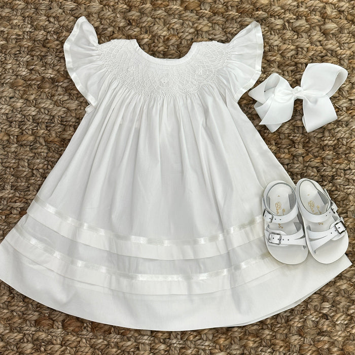 Smocked Heirloom Flutter Sleeve Dress - White with White Smocking