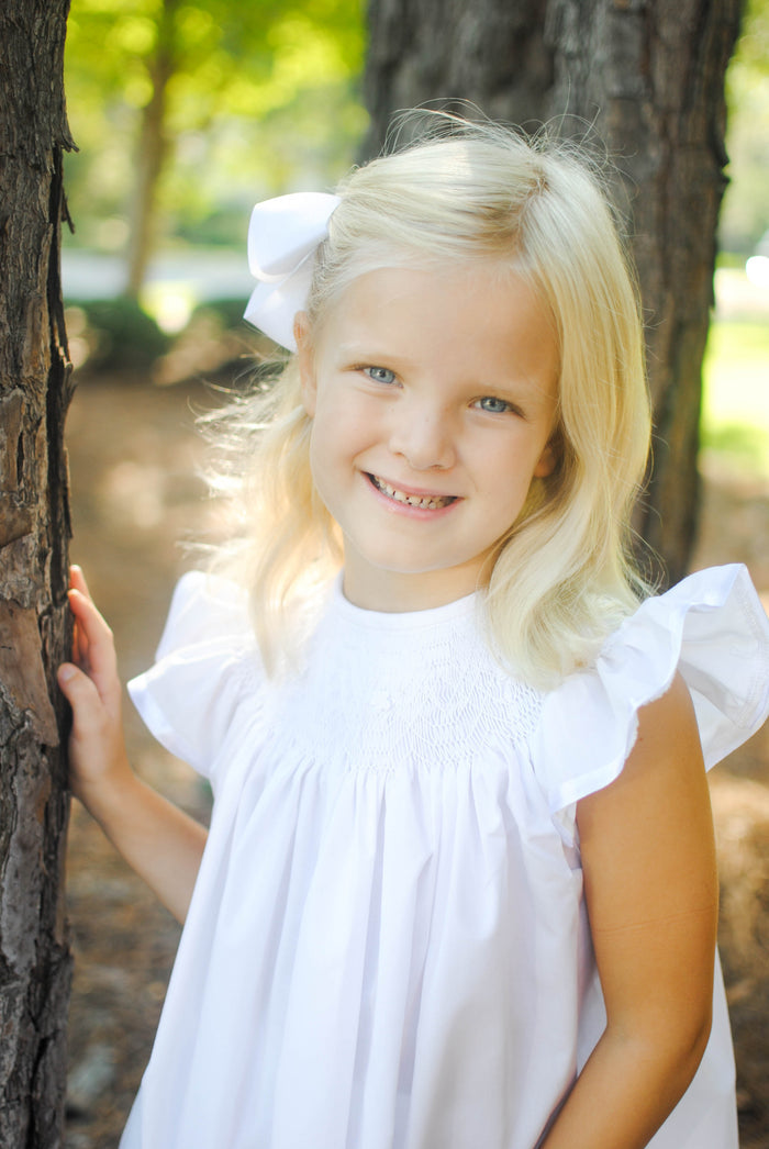Smocked Heirloom Flutter Sleeve Dress - White with White Smocking