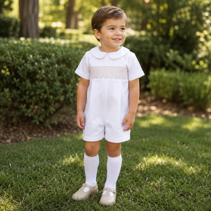Smocked Heirloom Shortall - White with Cream Stitching