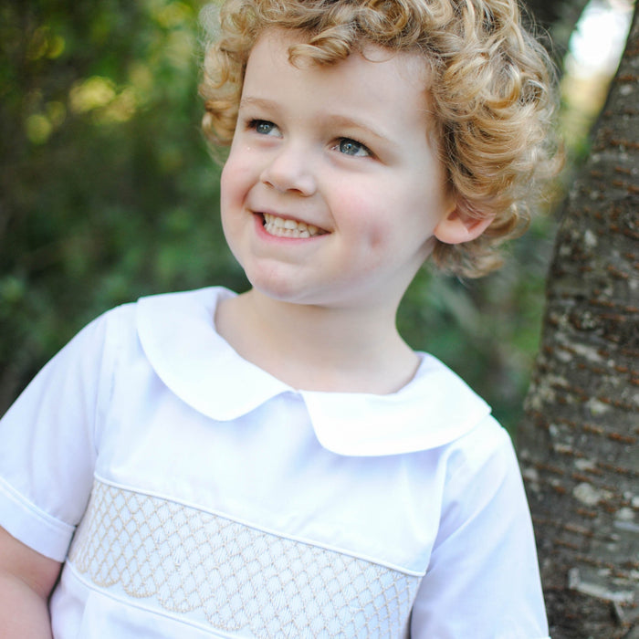 Smocked Heirloom Shortall - White with Cream Stitching