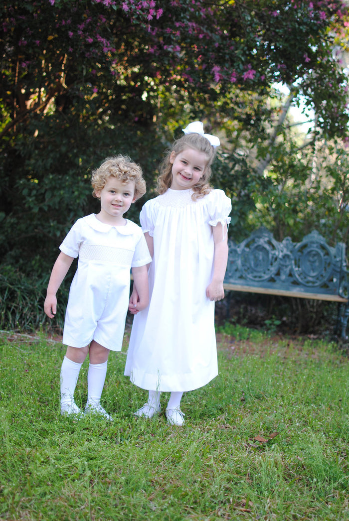 Smocked Heirloom Shortall - White with Cream Stitching