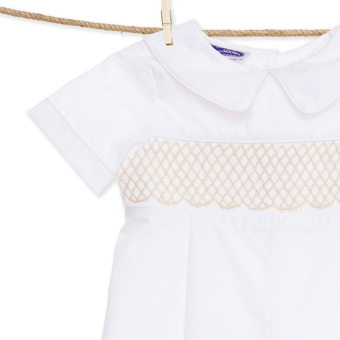 Smocked Heirloom Shortall - White with Cream Stitching