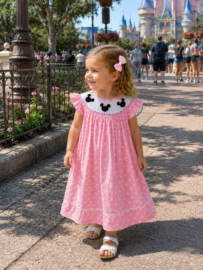 Smocked Mouse Ears Dress - light pink polka dots!