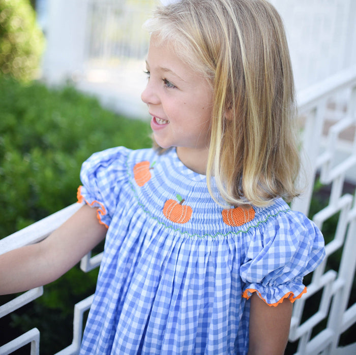 Smocked Pumpkin Bishop Dress in Blue Gingham
