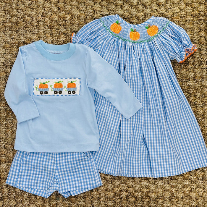 Smocked Pumpkin Bishop Dress in Blue Gingham