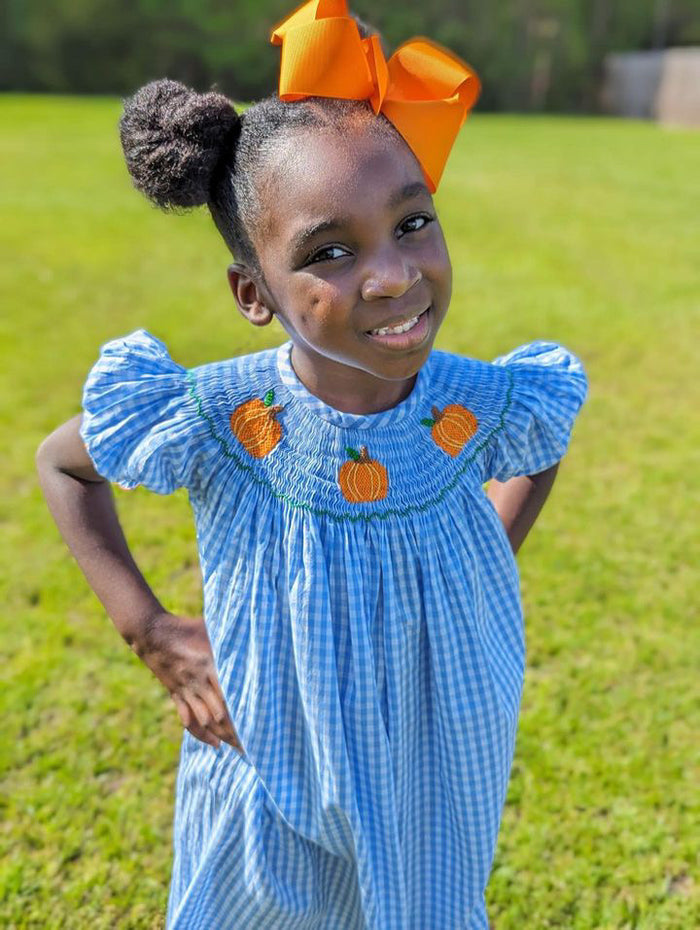 Smocked Pumpkin Bishop Dress in Blue Gingham