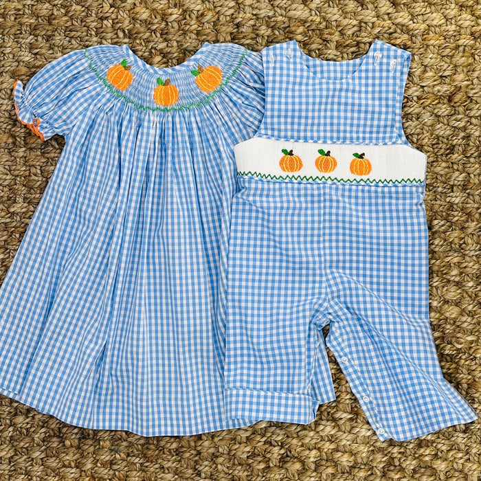 Smocked Pumpkin Bishop Dress in Blue Gingham