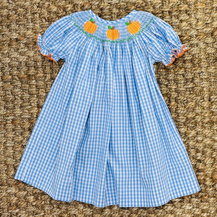 Smocked Pumpkin Bishop Dress in Blue Gingham