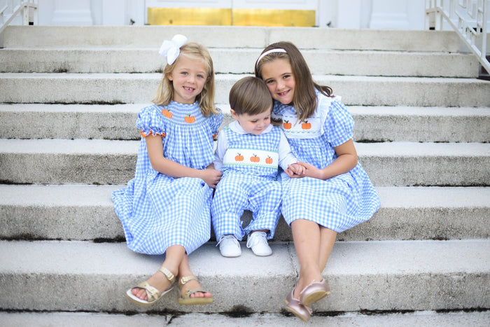 Smocked Pumpkin Bishop Dress in Blue Gingham