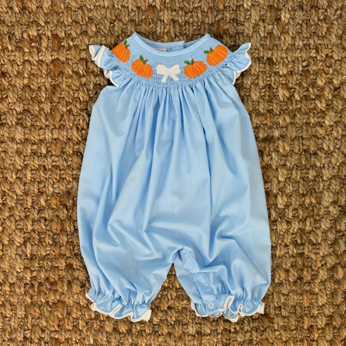 Smocked Pumpkin Bubble Romper with Bow and Ruffle Sleeves