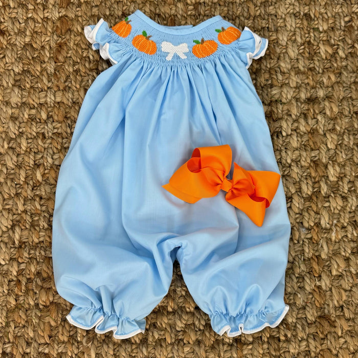 Smocked Pumpkin Bubble Romper with Bow and Ruffle Sleeves
