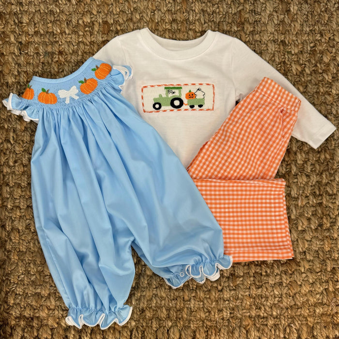 Smocked Pumpkin Bubble Romper with Bow and Ruffle Sleeves