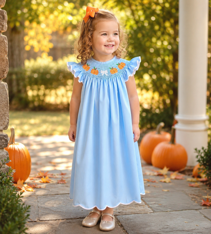 Smocked Pumpkin Dress with Bow & Flutter Sleeves