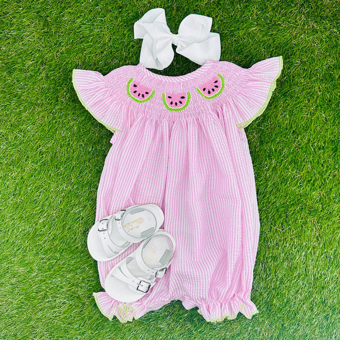 pink and white seersucker watermelon smocked girls romper