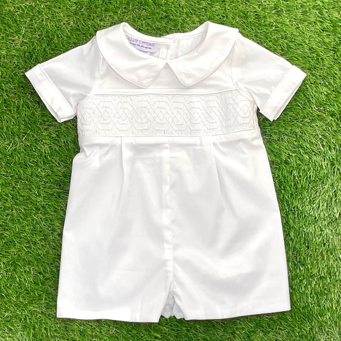 Classic white heirloom boys shortall with collar