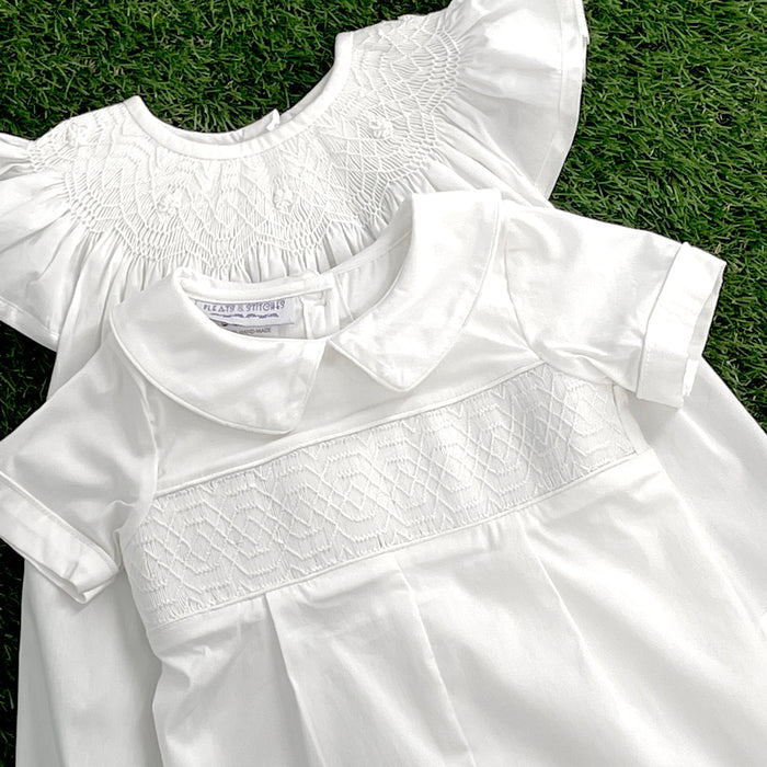 Classic white heirloom boys shortall with collar