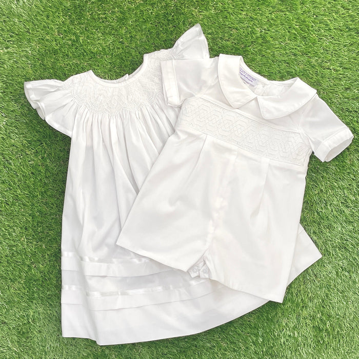 Classic white heirloom boys shortall with collar