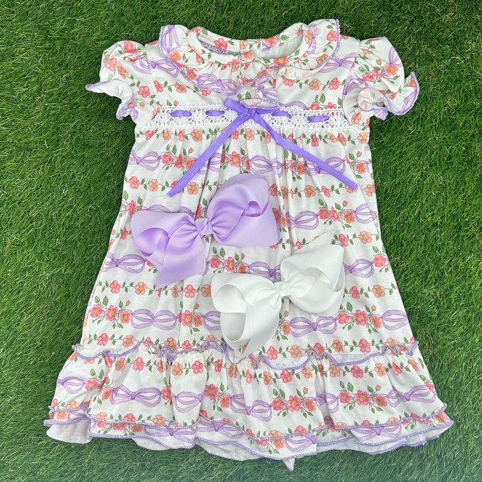 Soft Spring Clara Dress with Lavender Ribbon and Bows