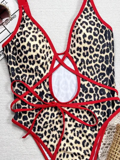 SPARK Leopard Print Cross One Piece Swimsuit CHUS136