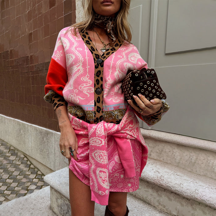 Splice Bandana Cardigan in pink paisley with leopard print trim, styled with a matching knit tied at the waist.