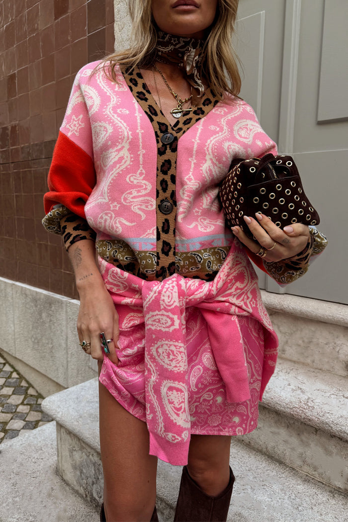 Splice Bandana Cardigan with pink paisley, leopard and olive prints, styled as a coordinated set with a matching skirt.