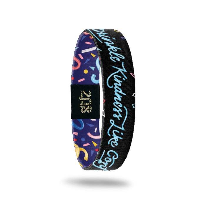 Inside Design of Sprinkle Kindness Like Confetti: black background with varying colored confetti outlines and light blue cursive text ‘Sprinkle Kindness Like Confetti’