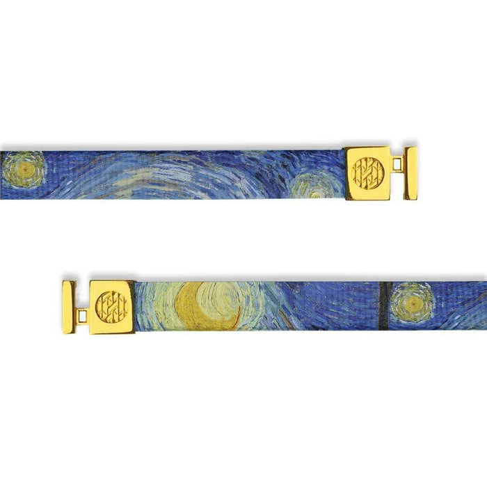 Flat hoodie string. Design is Van Gogh's Starry Night and is a blue painting with a yellow moon. Inside reads "Starry Night" and the aglets are gold.