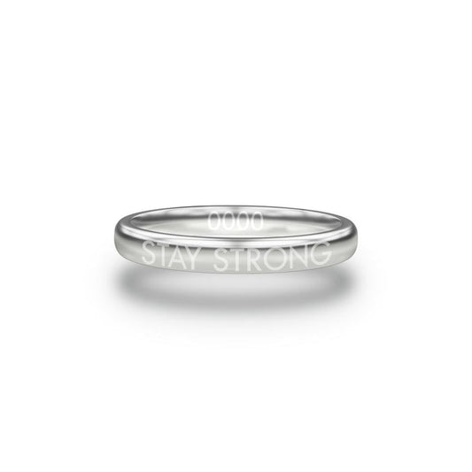 Front design of Stay Strong silver ring with sketched in text ’Stay Strong’
