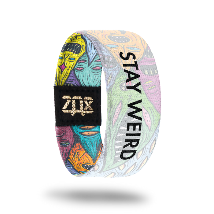 Inside design for Stay Weird. Unique colorful creatures created by artist Lurk with a transparent white layer and Stay Weird in black text