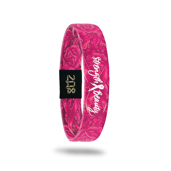 Inside design for Strength and Beauty. With pink roses and ribbon artwork on the outside for Breast Cancer Awareness. Centered is Strength and Beauty in white text