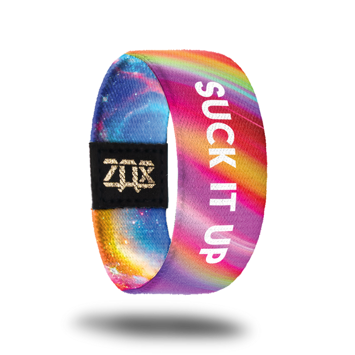 Inside design for Suck It Up. blended gradient background with shades of pink, some purple, and some orange. Centered is Suck It Up in white text