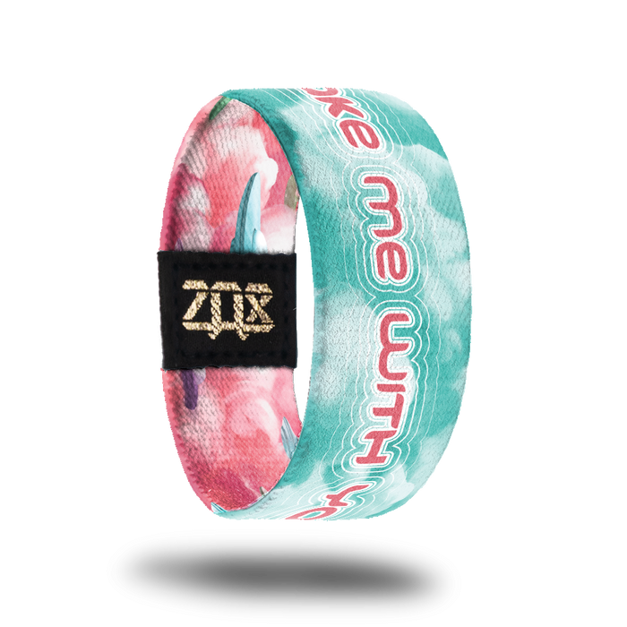 inside design for Take Me With You. teal clouds with Take Me With You in pink text