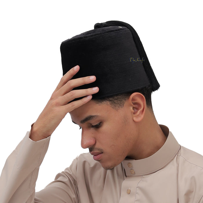 Tall Black Velvet Fez - Premium Moorish Moroccan Style Hat with Black Tassel