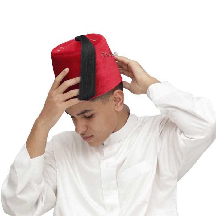 Tall Red Velvet Fez - Premium Moorish Moroccan Style Hat with Black Tassel