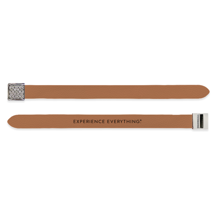Outside Design of the V2 Imperial Tan Solid: vegan leather material with printed on tan background and silver buckle clasp. And Inside Design of the V2 Imperial Tan Solid: vegan leather material with printed on tan background with black text ‘Experience Everything’ and silver buckle clasp