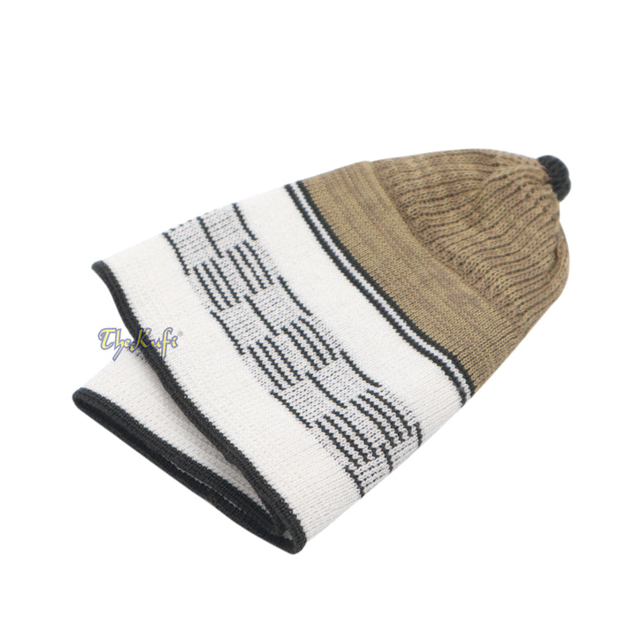 Tan with White & Black Lines Baby Or Infant Kufi pom-pom Beanie