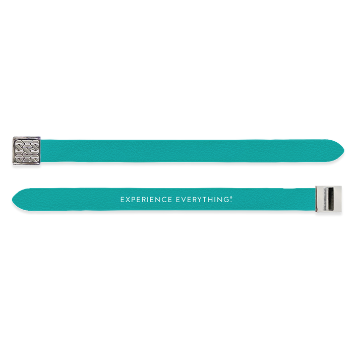 Outside Design of the V2 Imperial Teal Solid: vegan leather material with printed on teal background and silver buckle clasp. And Inside Design of the V2 Imperial Teal Solid: vegan leather material with printed on teal background with white text ‘Experience Everything’ and silver buckle clasp