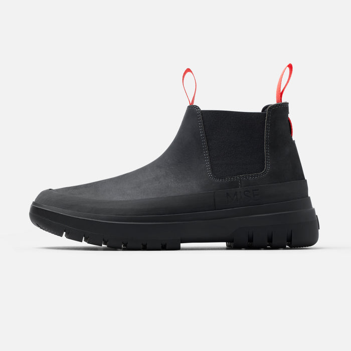 MISE Chelsea boot black slip-resistant kitchen shoe lateral view on light gray background