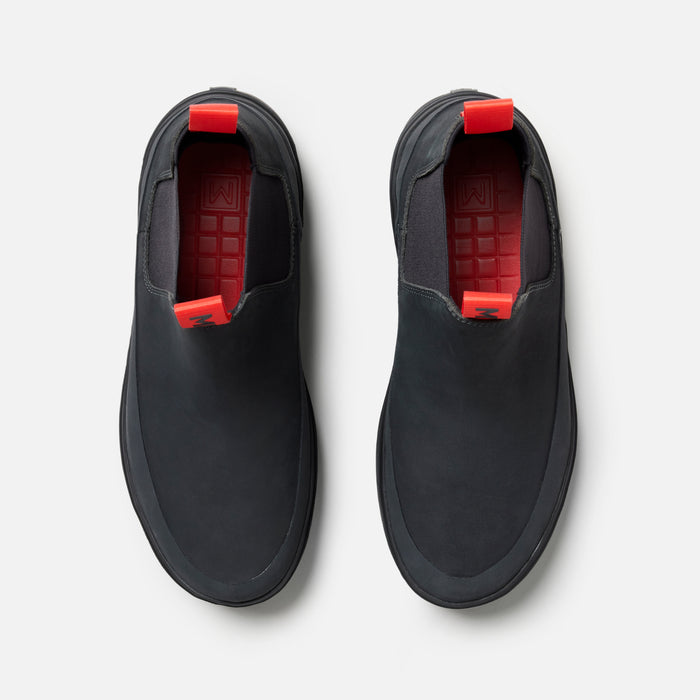 MISE Chelsea boot black slip-resistant kitchen shoes top down view on light gray background